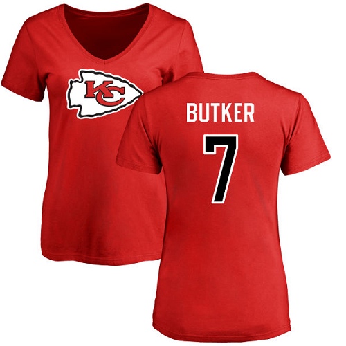 Women Football Kansas City Chiefs #7 Butker Harrison Red Name and Number Logo Slim Fit T-Shirt->nfl t-shirts->Sports Accessory